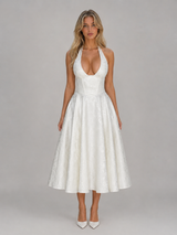 Women's Jacquard Halter Midi Dress – Full Skirt Occasion Style