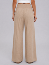 Women’s Linen Look Wide Leg Trousers – Smocked High Waist Summer Style