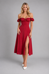 Women's Milkmaid Corset Midi Dress with Split - Summer Occasion Style