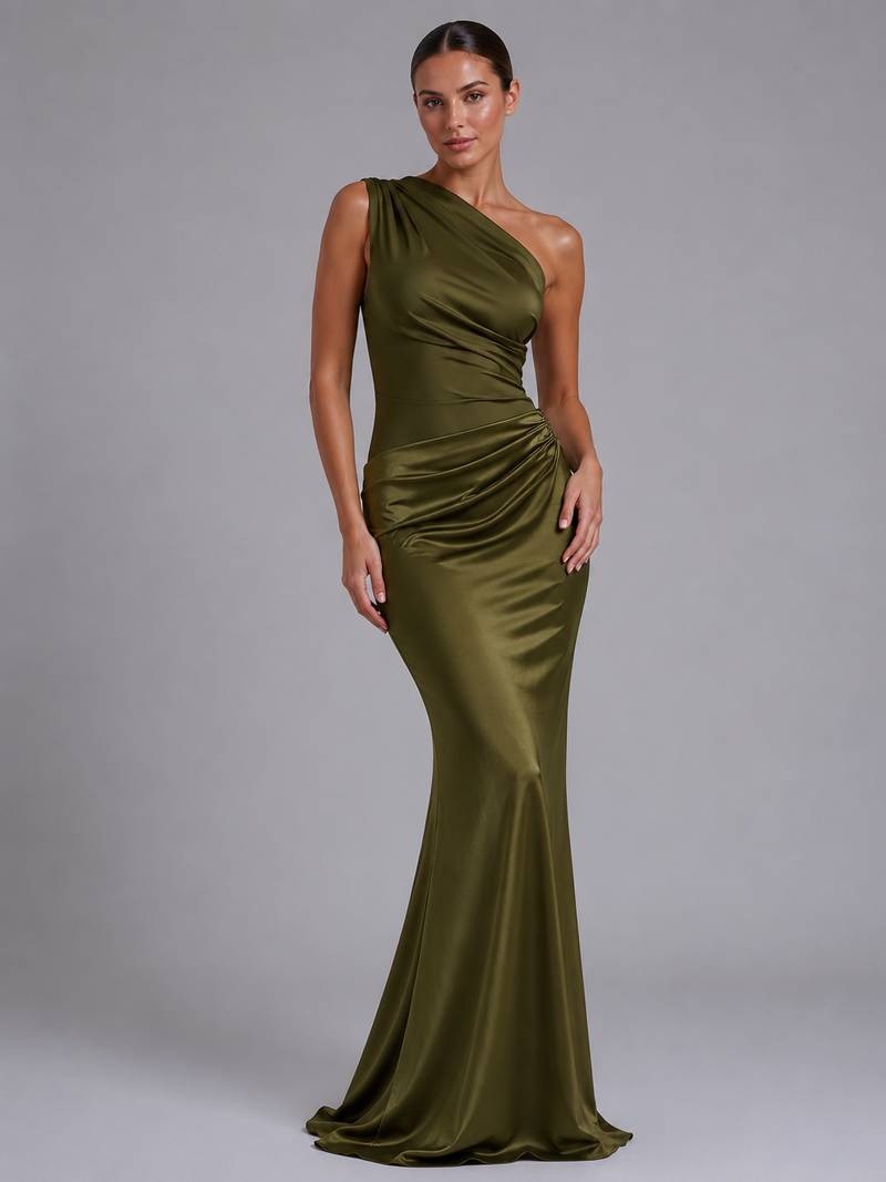 Women’s One-Shoulder Satin Feel Maxi Dress - Wedding Guest Gown