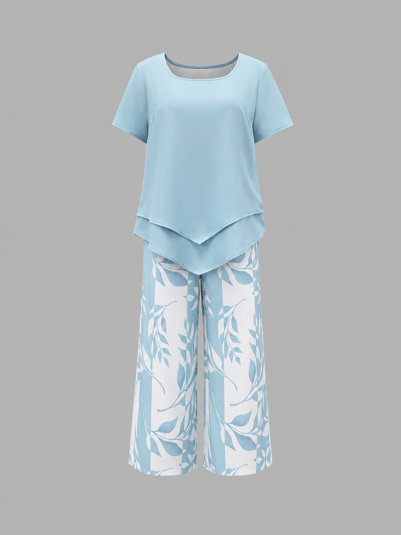 Women's Relaxed Two-Piece Set - Layered Top & Wide Leg Trousers