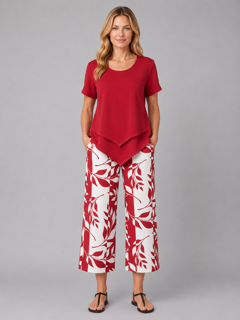Women's Relaxed Two-Piece Set - Layered Top & Wide Leg Trousers