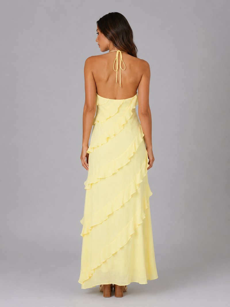 Women’s Ruffle Maxi Dress - Halter Neck & Tiered Layers