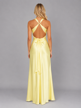 Women’s Satin Feel Halter Neck Maxi Dress – Ruched Evening Gown