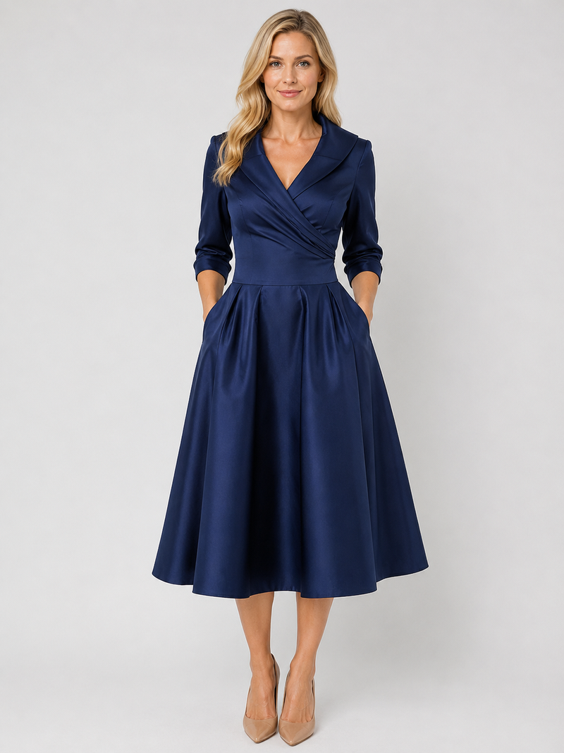 Women’s Satin Feel Midi Dress - Elegant Wrap Style