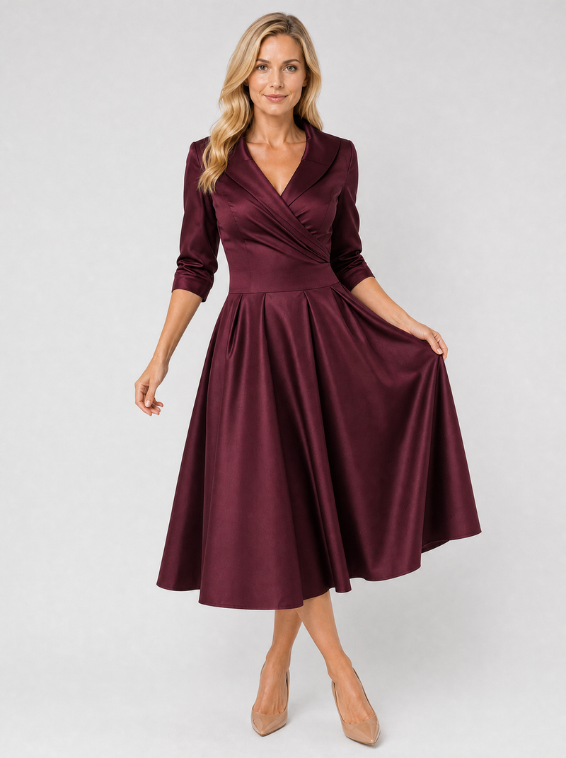 Women’s Satin Feel Midi Dress - Elegant Wrap Style