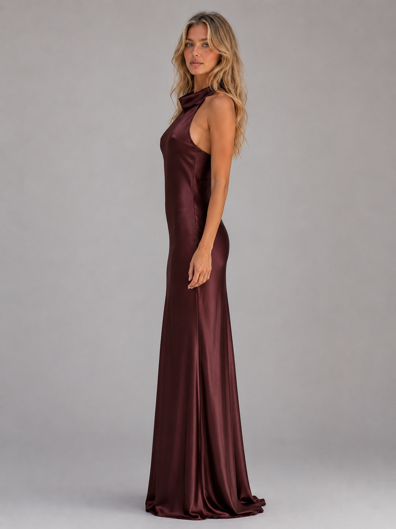 Women's Satin Feel Halter Neck Maxi Dress - Sculpted Evening Gown