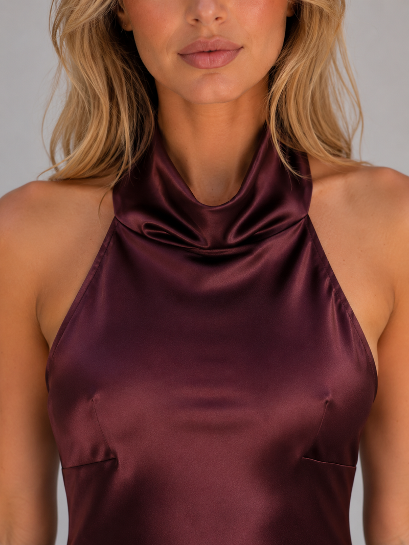 Women's Satin Feel Halter Neck Maxi Dress - Sculpted Evening Gown