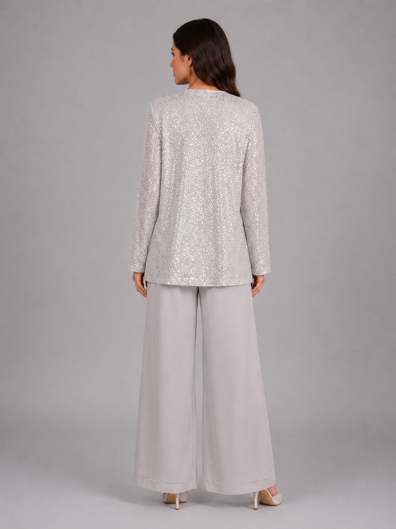 Women's Sequin Three-Piece Trouser Set - Elegant Occasion Co-Ord