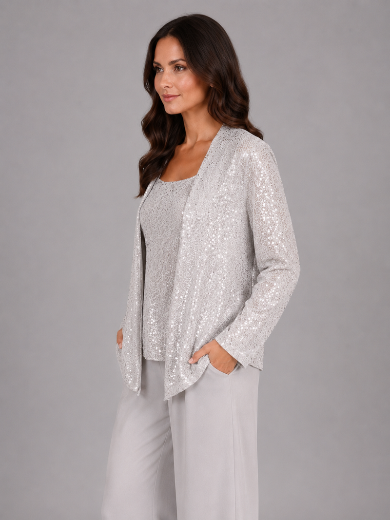 Women's Sequin Three-Piece Trouser Set - Elegant Occasion Co-Ord