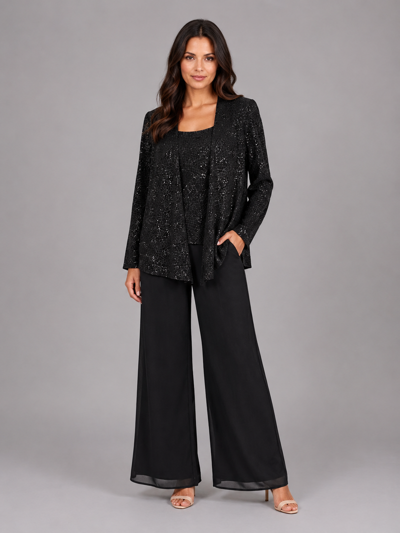 Women's Sequin Three-Piece Trouser Set - Elegant Occasion Co-Ord