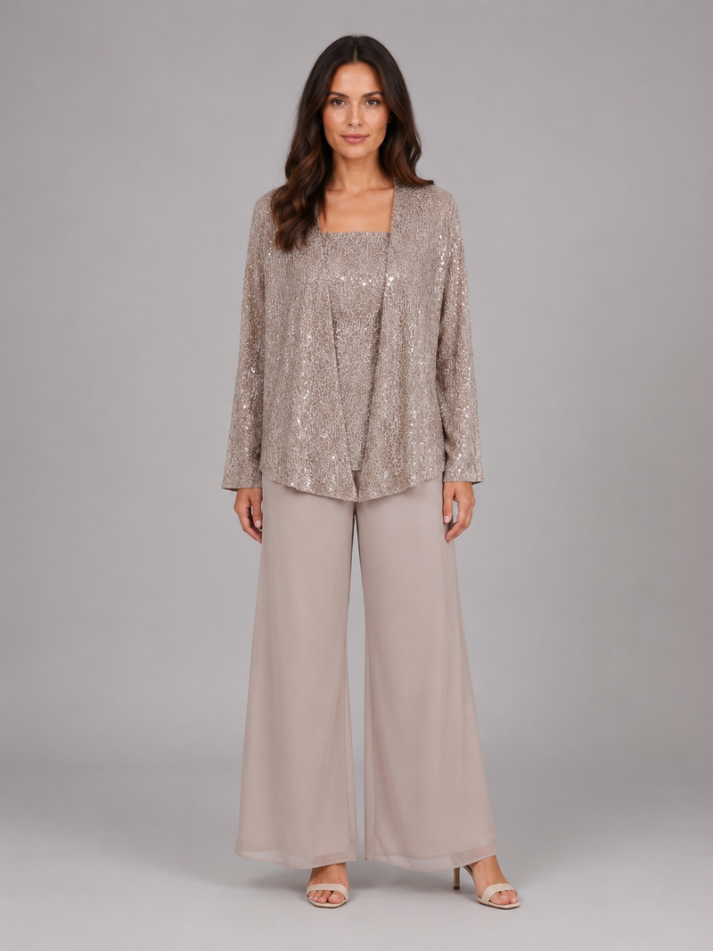 Women's Sequin Three-Piece Trouser Set - Elegant Occasion Co-Ord