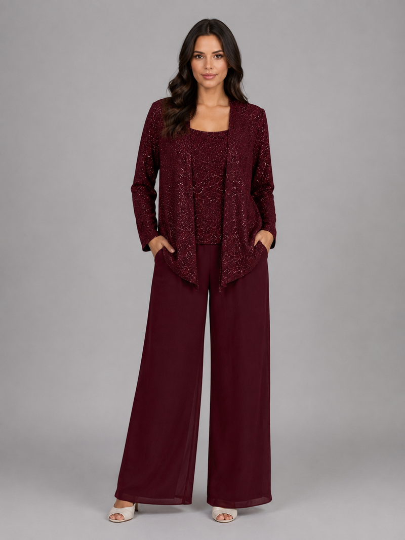 Women's Sequin Three-Piece Trouser Set - Elegant Occasion Co-Ord