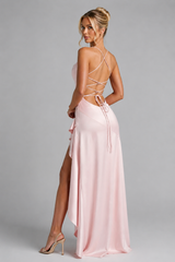 Women’s Strappy Maxi Dress with Thigh Split and Asymmetrical Hem – Elegant Evening Dress