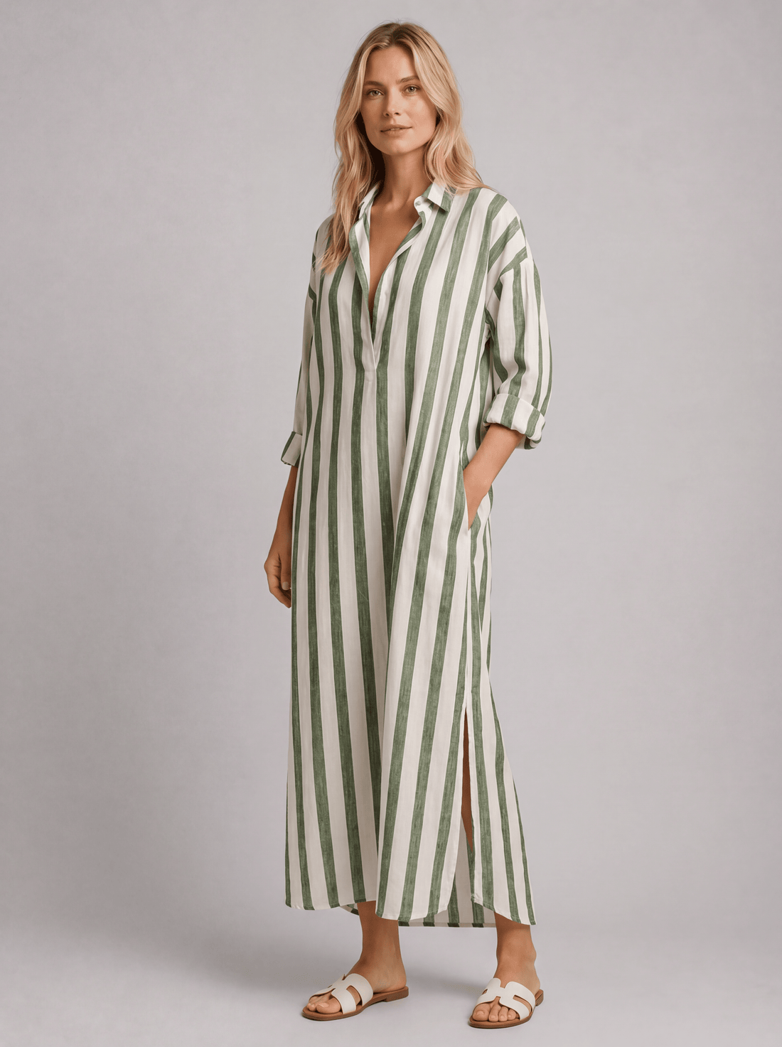 Women’s Striped Shirt Dress with Pockets – Long Relaxed Fit
