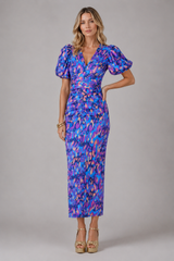 Women’s V-Neck Puff Sleeve Midi Dress –  Summer Occasion Style