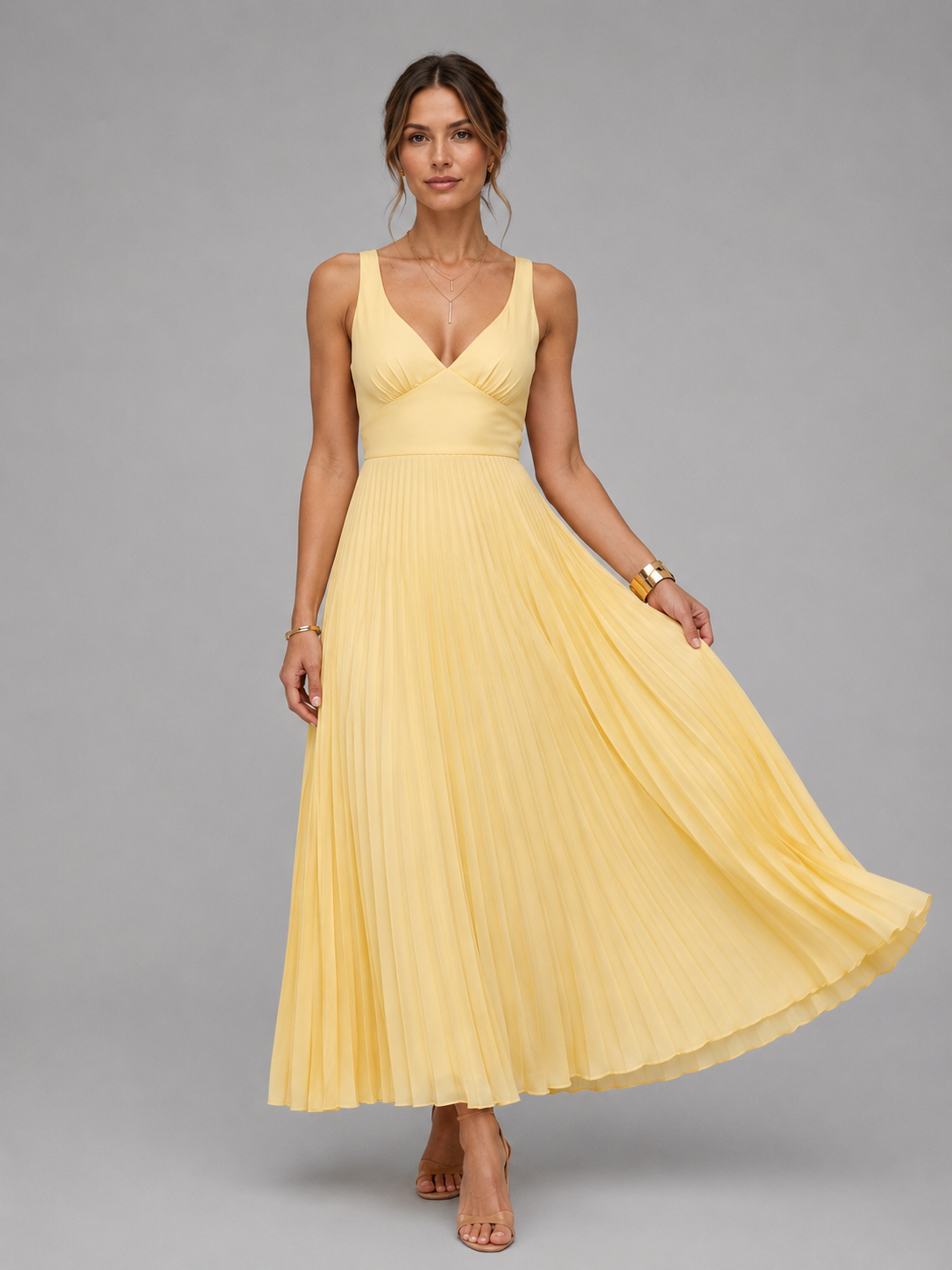 Women’s Yellow Satin Feel Pleated Maxi Dress – Elegant Occasion Style
