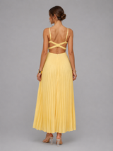 Women’s Yellow Satin Feel Pleated Maxi Dress – Elegant Occasion Style