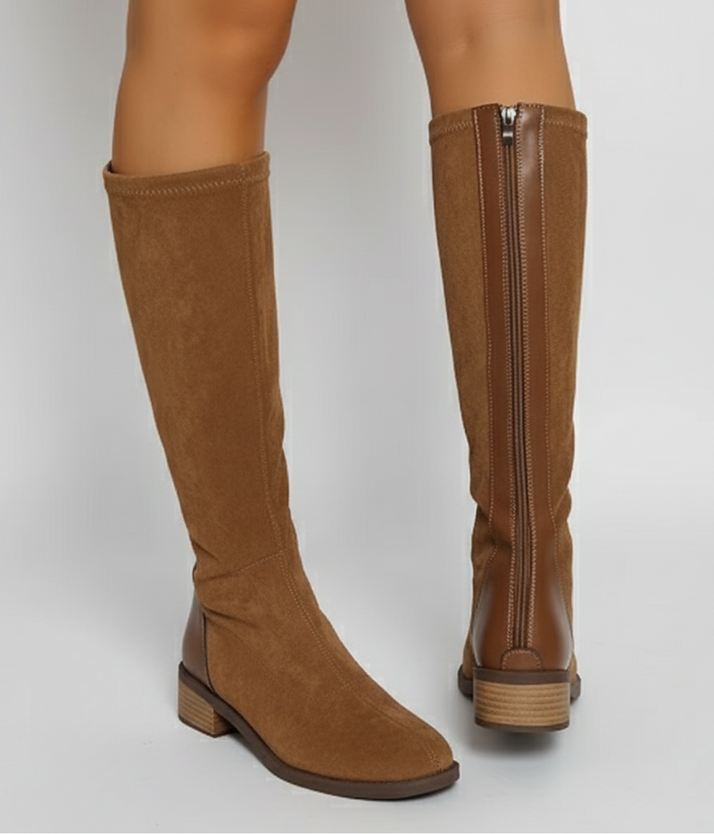 Women’s Knee-High Boots - Suede Look Classic Block Heel Style
