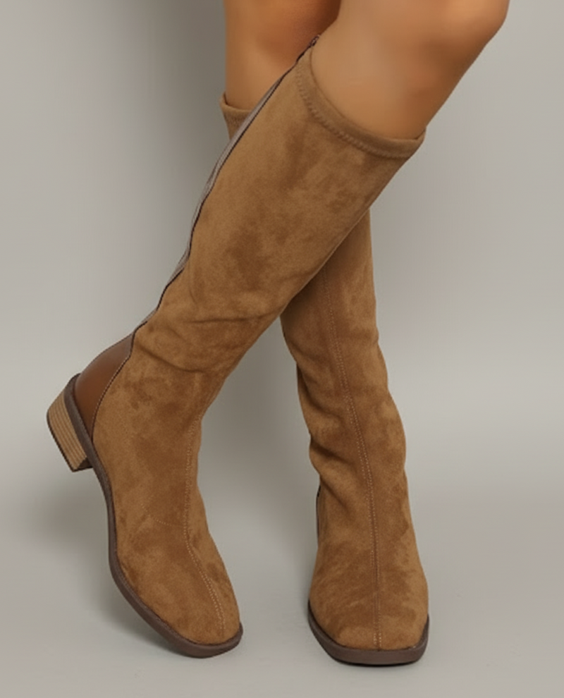 Women’s Knee-High Boots - Suede Look Classic Block Heel Style