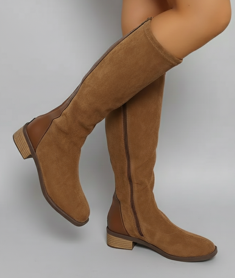 Women’s Knee-High Boots - Suede Look Classic Block Heel Style