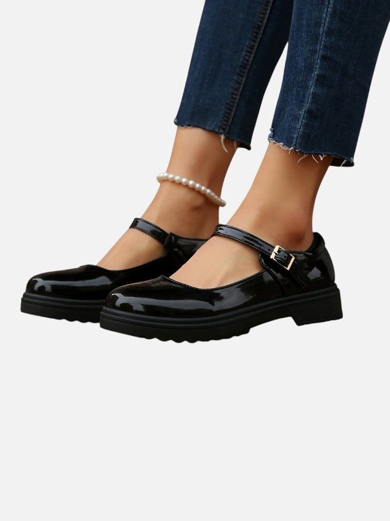 Women’s Glossy Leather Look Mary Jane Loafers - Comfort Style