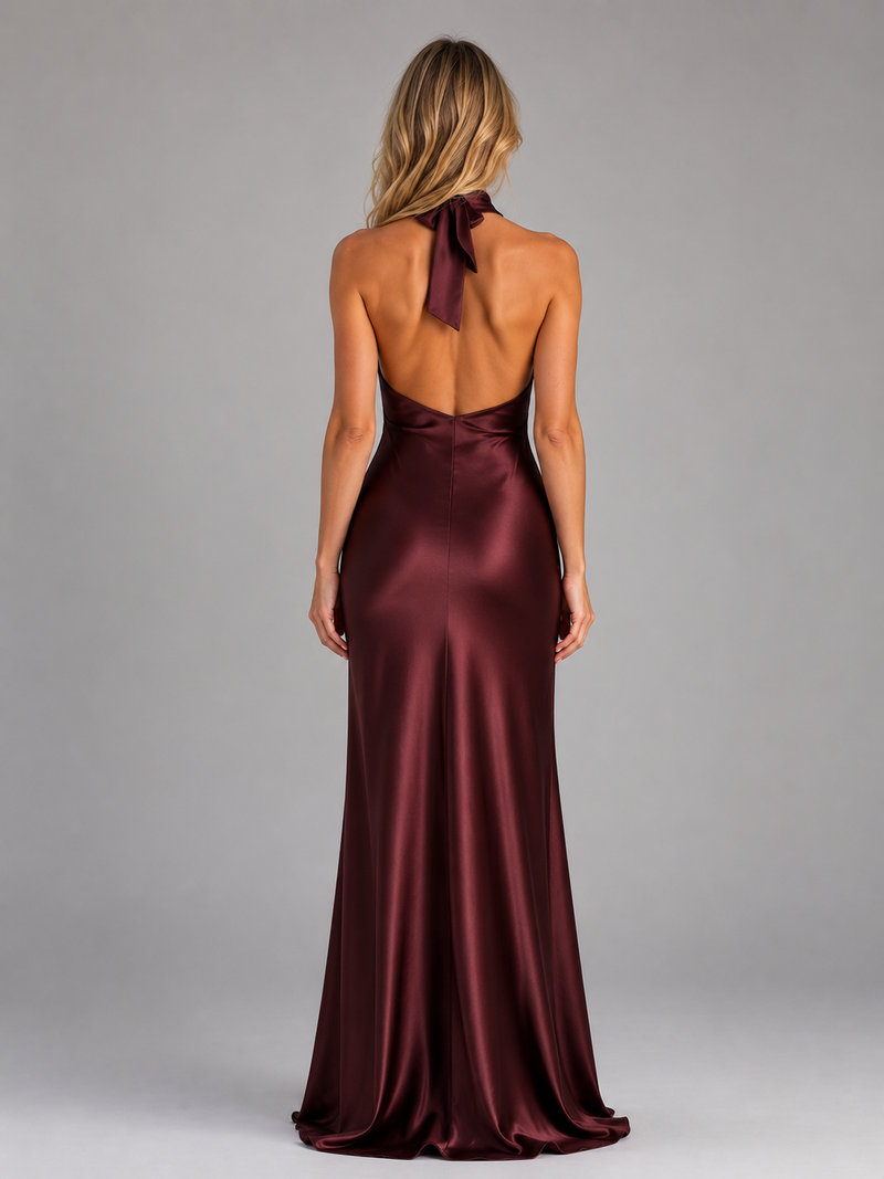 Women's Satin Feel Halter Neck Maxi Dress - Sculpted Evening Gown