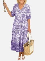 Women’s Floral V-Neck Midi Dress – Relaxed Summer Elegance