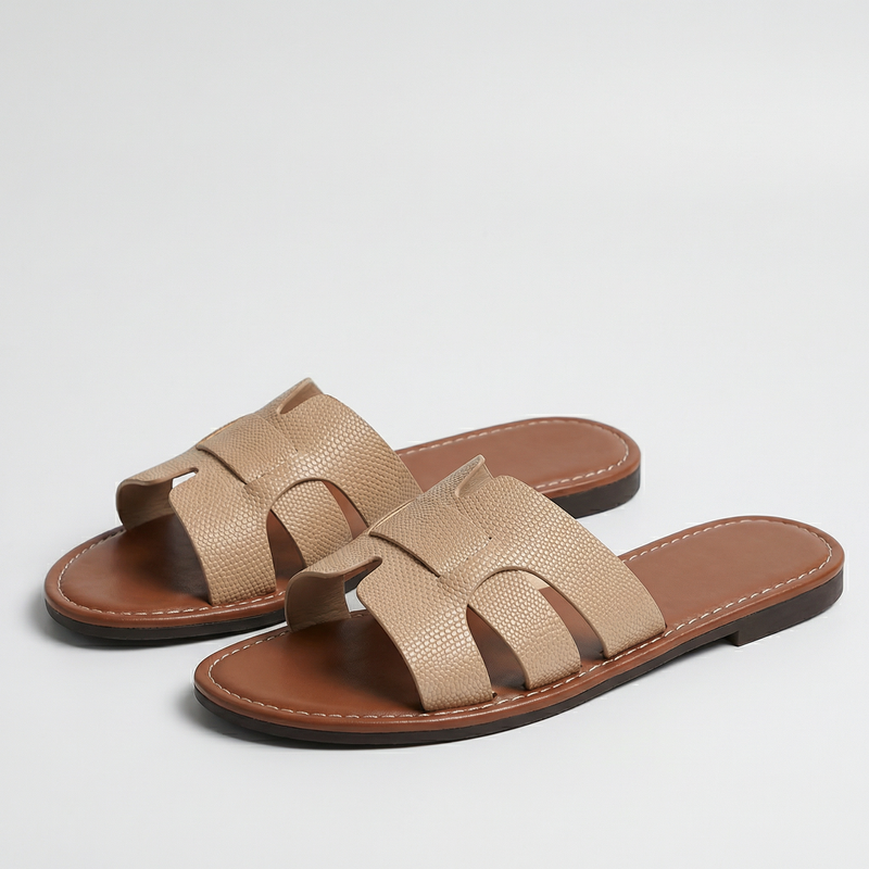 Women’s Flat Slide Sandals - Leather Look Elegance