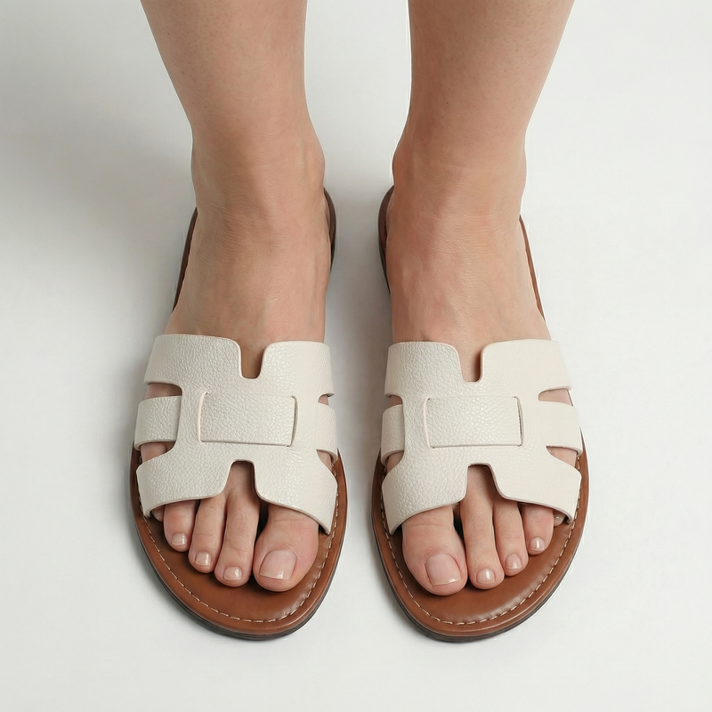 Women’s Flat Slide Sandals - Leather Look Elegance