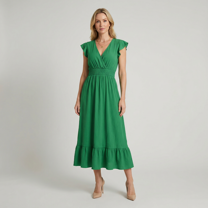 Women’s V-Neck Midi Dress - Shirred Waist Elegant Summer Fit