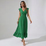 Women’s V-Neck Midi Dress – Shirred Waist Elegant Summer Fit