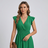 Women’s V-Neck Midi Dress – Shirred Waist Elegant Summer Fit