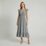 Women’s V-Neck Midi Dress – Shirred Waist Elegant Summer Fit