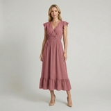 Women’s V-Neck Midi Dress – Shirred Waist Elegant Summer Fit