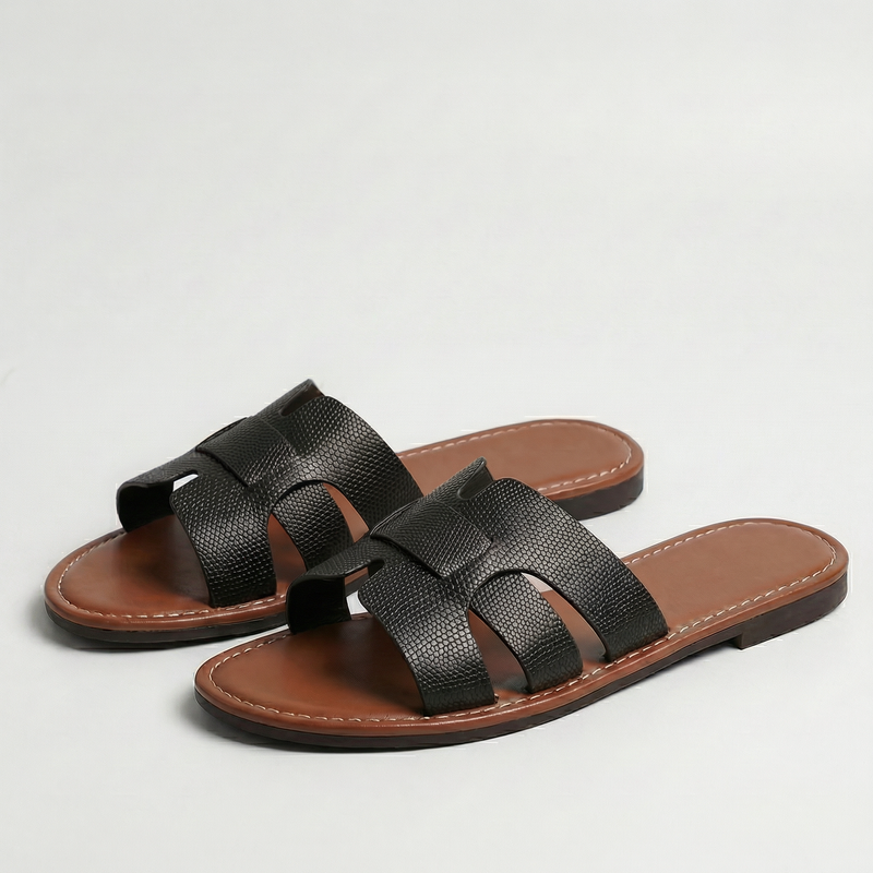 Women’s Flat Slide Sandals - Leather Look Elegance