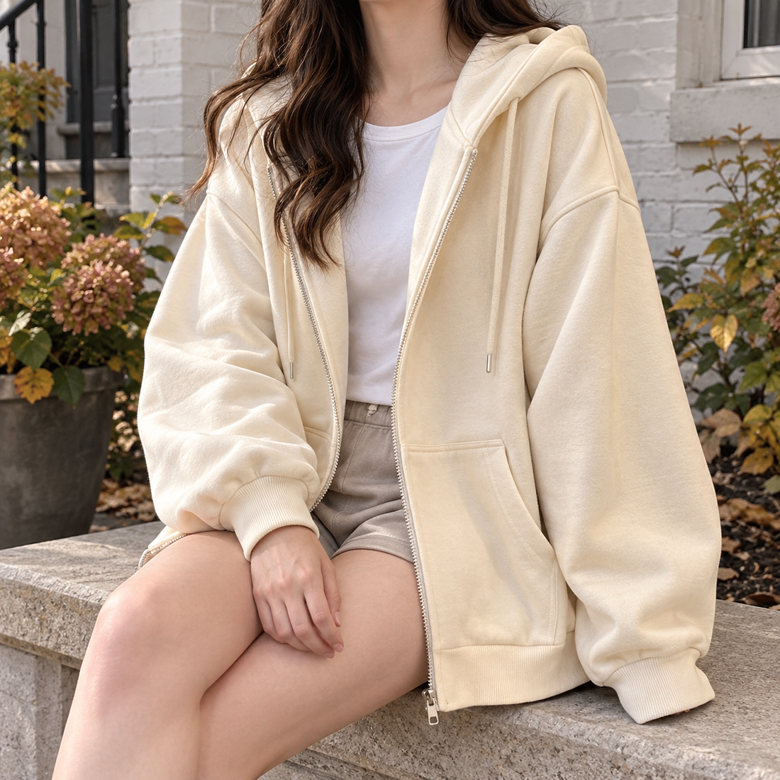 Nina-Pearl Relaxed Zip Hoodie - Apricot Yellow