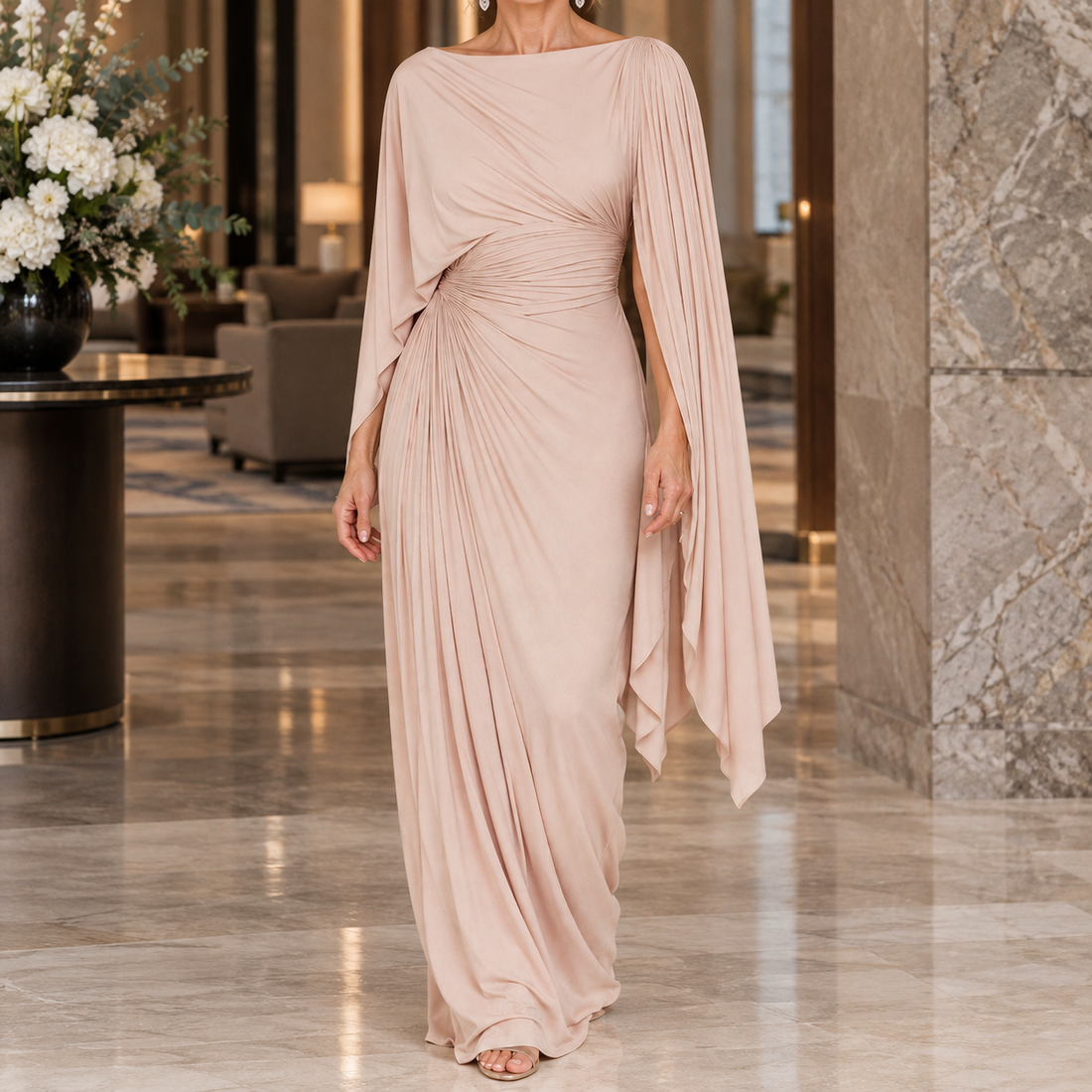 Annabel-Hope Ruched Cape Dress - Khaki
