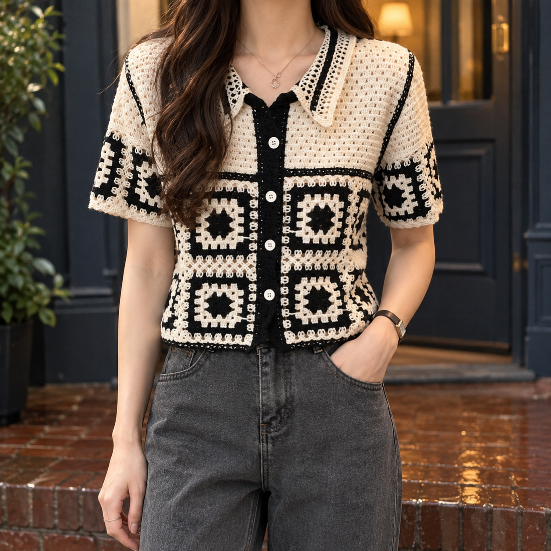 Thea Crochet Cardigan - Black