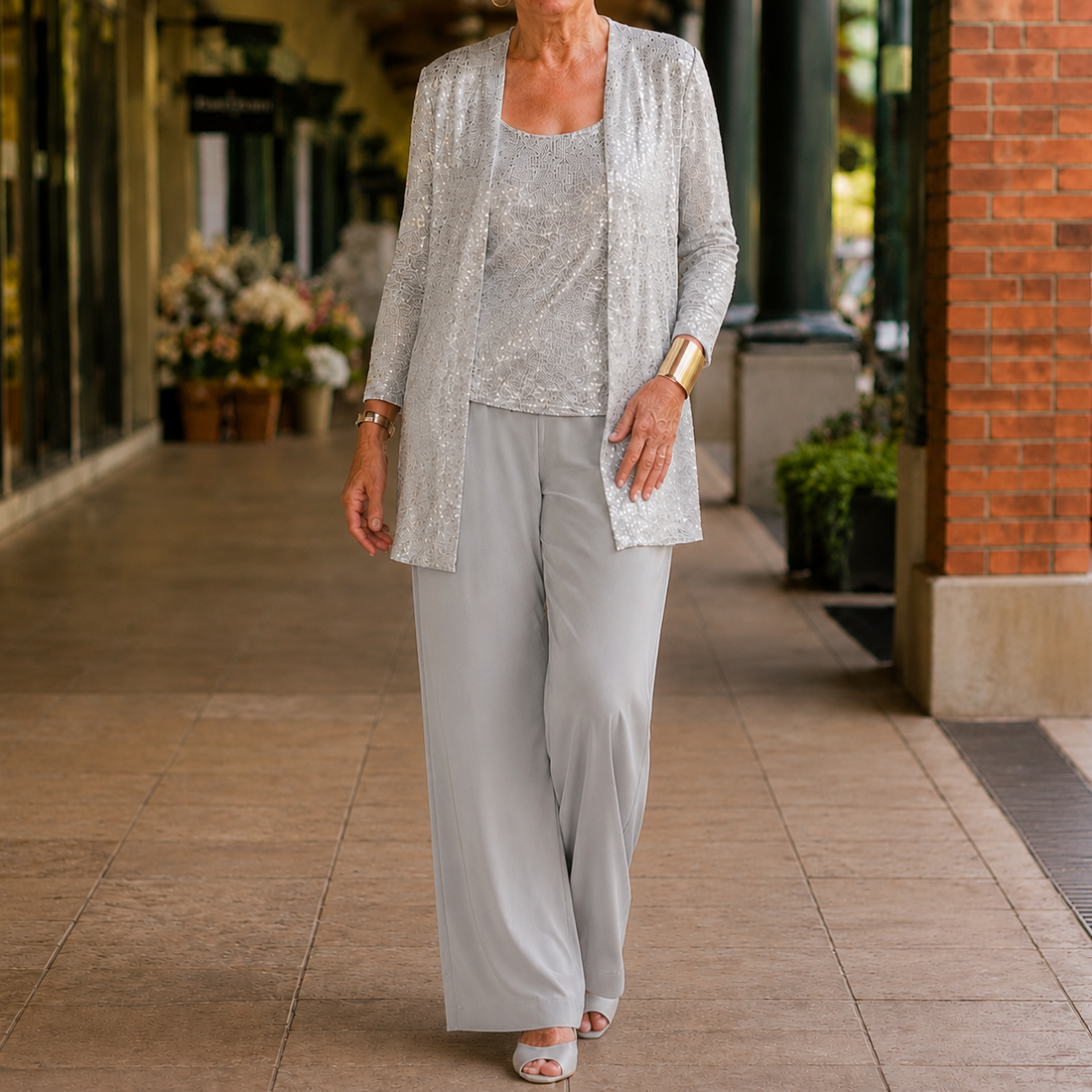 Elowen-Belle Sequined Pant Set - Silver