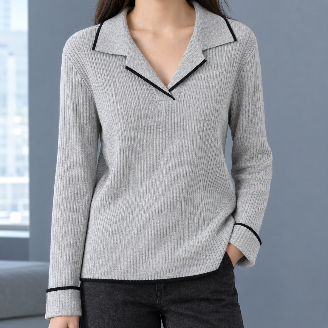 Joelle Contrast Collar Sweater - Gray