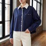 Vivienne Contrast Collar Top - Navy Blue