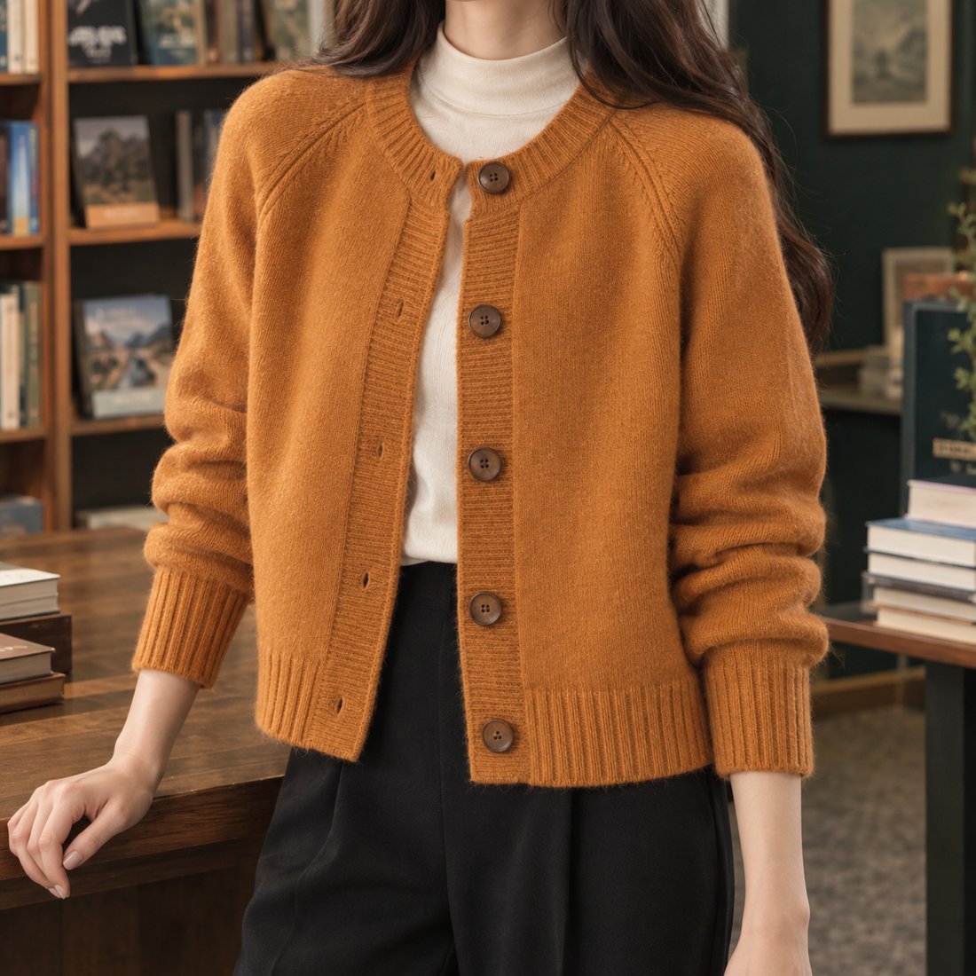 Lauren Round Neck Cardigan - Orange Red