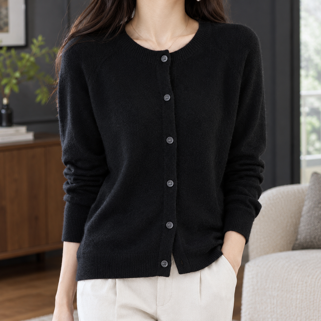 Michelle Round Neck Cardigan - Black