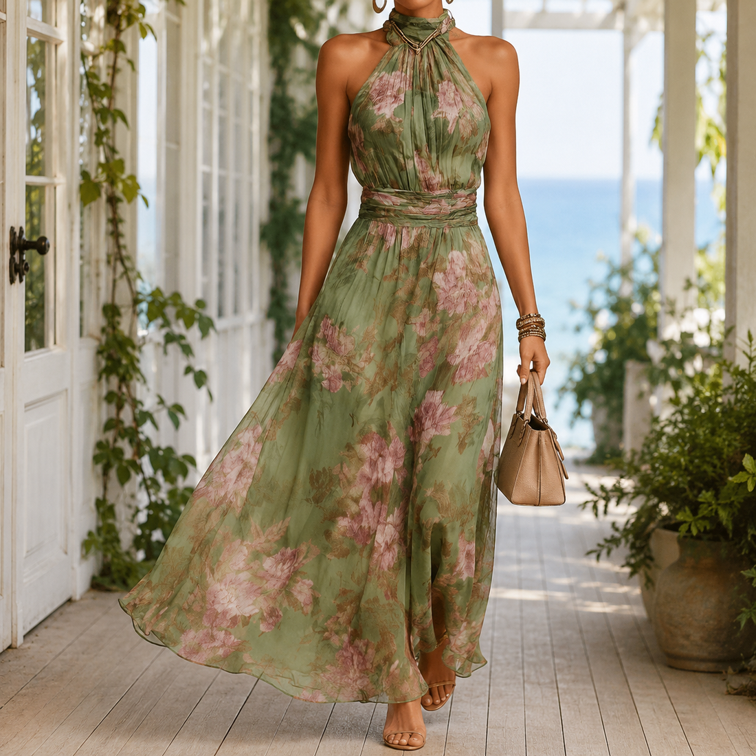 Nora-Pearl Halter Maxi Dress - Green