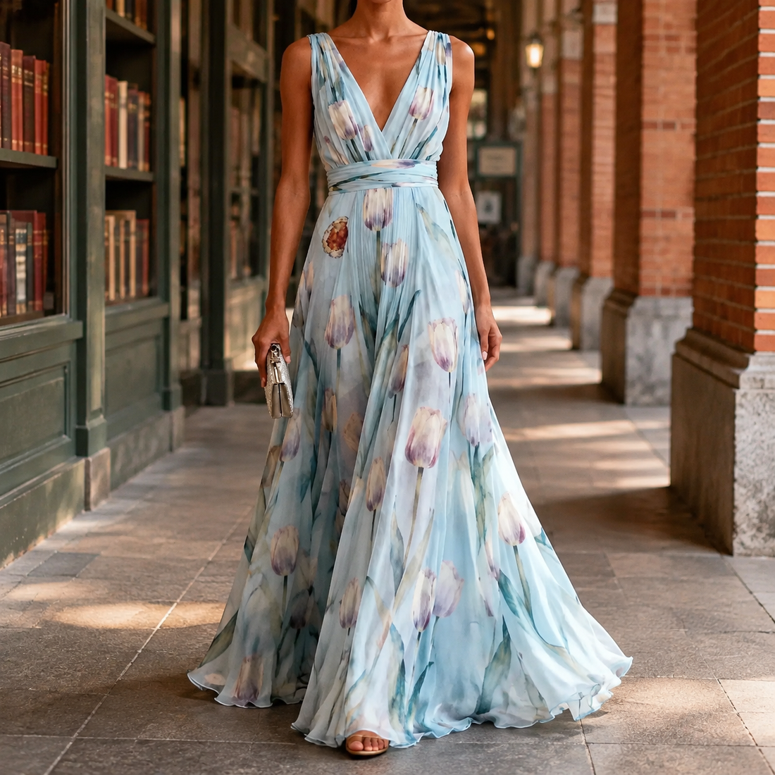 Annabel-Lane Deep V Dress - Sky Blue