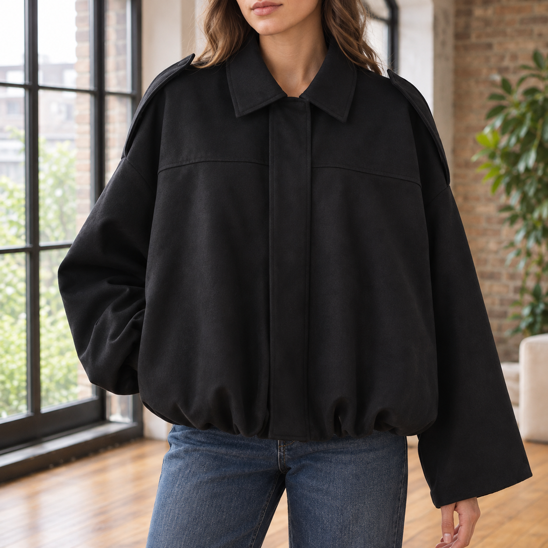 Chantal-Pearl Suede Pilot Jacket - Black