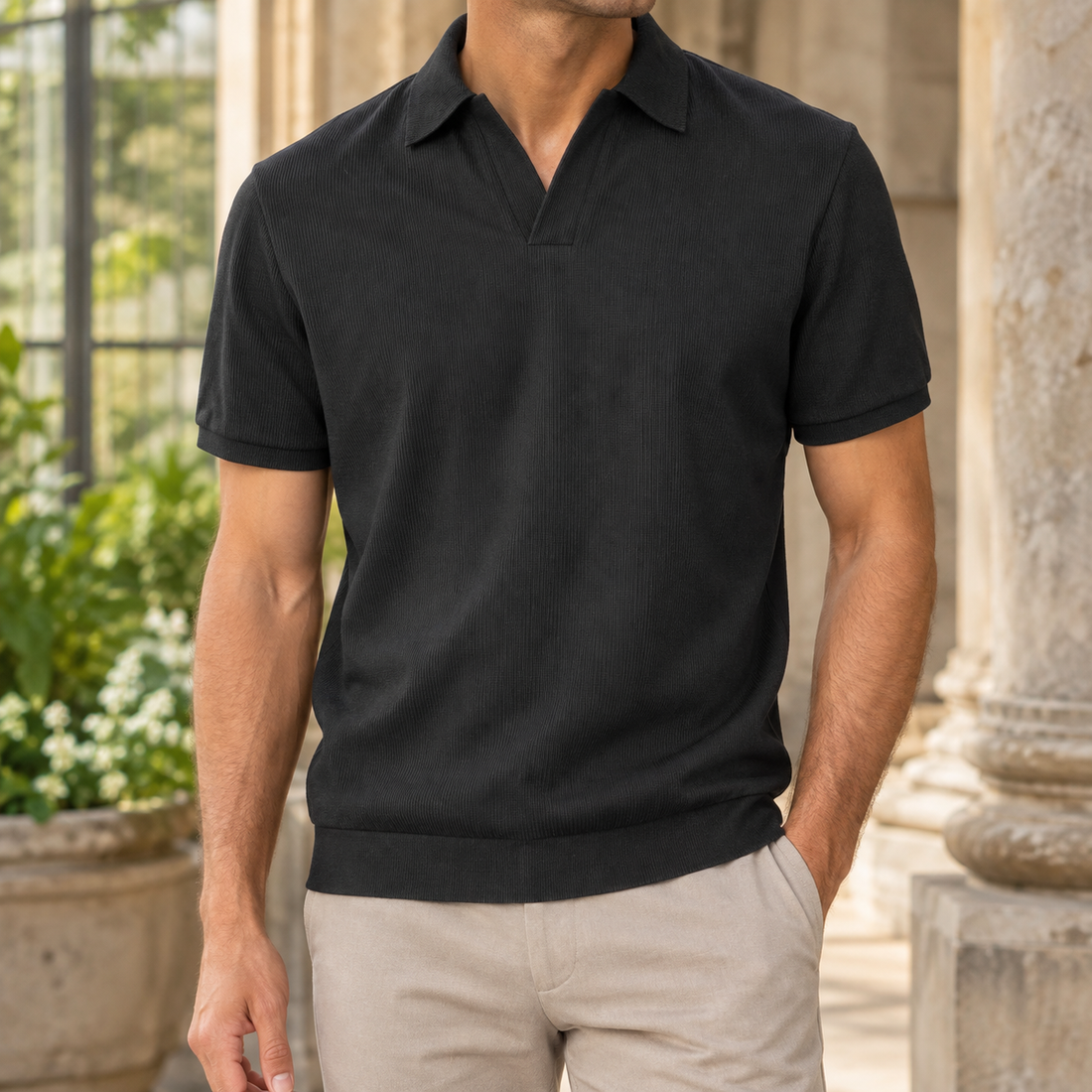 Mason Open Collar Polo - Black
