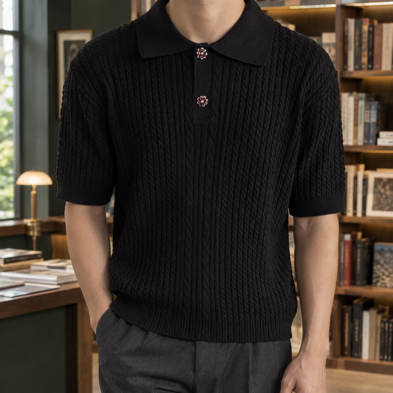 Austin Cable-Knit Polo - Black