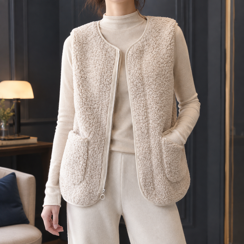 Roseline-Hope Teddy Zip Vest - Cream White